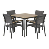 Tafelset met vier stoelen met donkergrijze bekleding en houten lattenblad op zwart frame