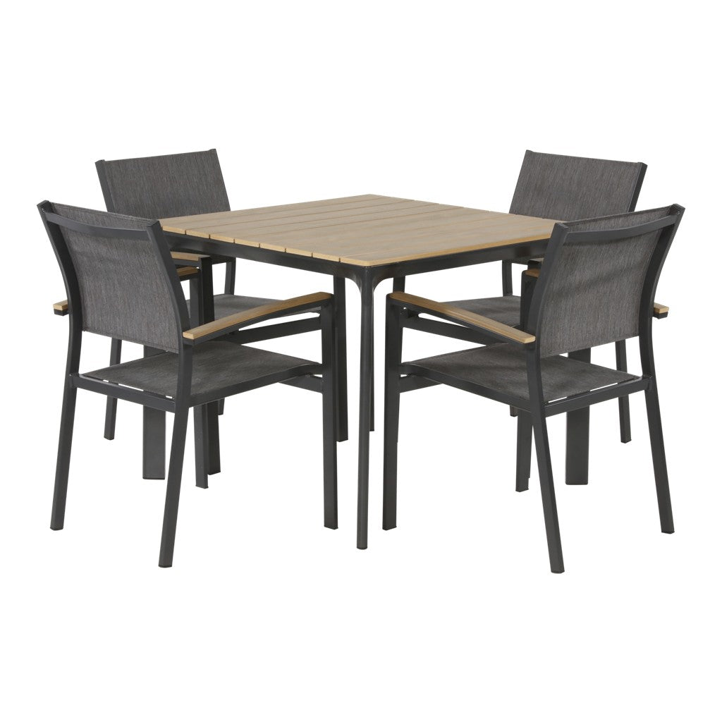 Tafelset met vier stoelen met donkergrijze bekleding en houten lattenblad op zwart frame