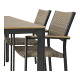 Tuinset zijaanzicht: tafel met houten look blad, stoelen met beige weefbekleding