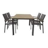 Eethoekset met rechthoekige tafel en zes grijze stoelen met donker houten poten