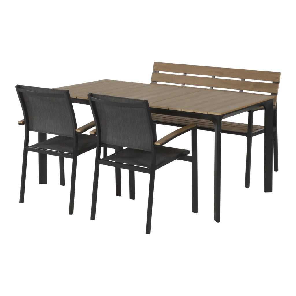 Eettafel met houtlook blad en zwarte poten, met drie stoelen met antraciet kussens