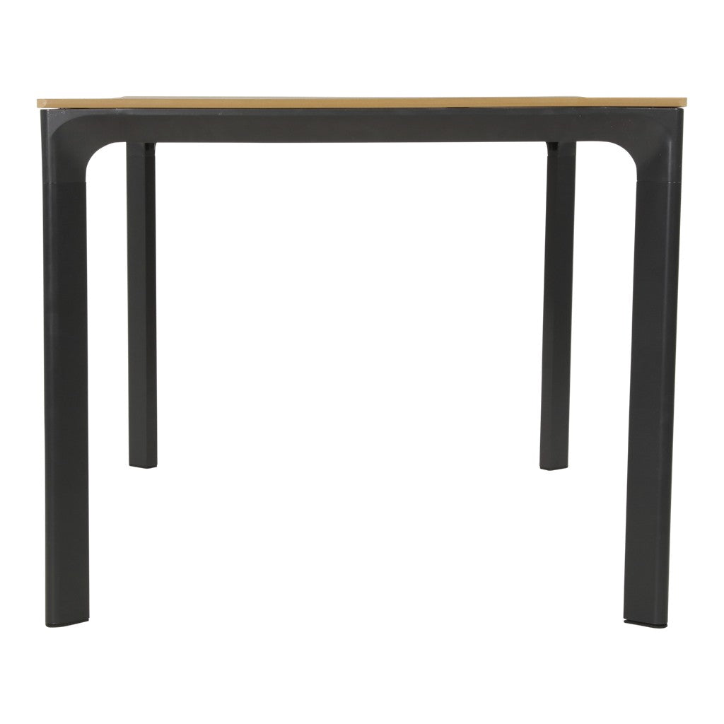 Eettafel met houtlook blad en zwarte ronde poten