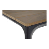 Eettafelblad detail: houtlook rand op zwart frame met afgeronde hoek