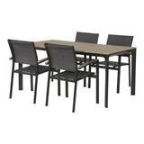 Eethoekset in rechte opstelling: tafel met houten blad en zes grijze stoelen