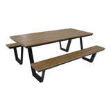 Rechthoekige picknickset met lang tafelblad en twee banken van hout, zwarte poten