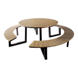 Ronde picknickset: houten tafelblad, twee banken in hout met zwarte poten.