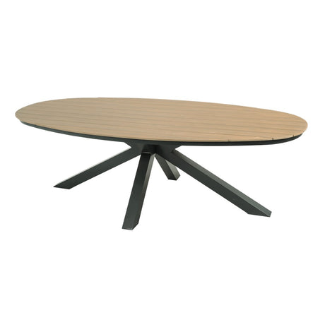 Ovale eettafel met licht houtnerf blad en zwarte X-poten