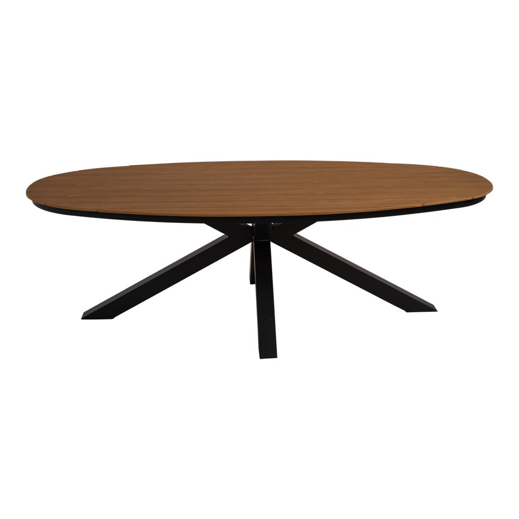 Ovale eettafel met donker houten blad en zwarte X-poten