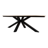 Ovale eettafel zijaanzicht: zwart onderstel en donker houten blad