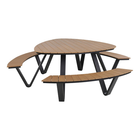 Picknickset met langwerpig bankje en rond tafelblad van hout, zwart frame