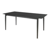 Donkere eettafel met afgeronde hoeken en vier slanke poten
