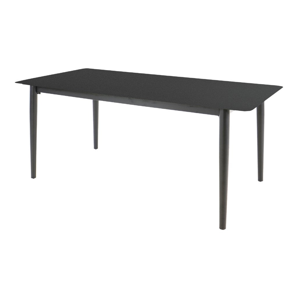 Donkere eettafel met afgeronde hoeken en vier slanke poten