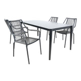 Rechthoekige eettafel met witte blad en 4 zwarte stoelen met grijze zitting