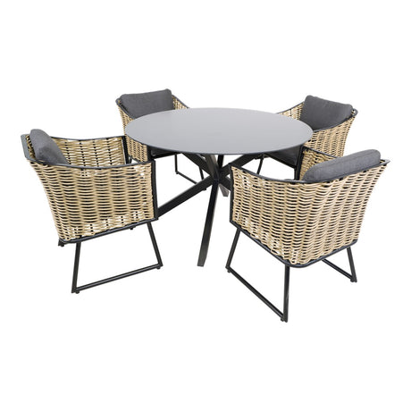 Ronde eettafel Ø120 cm met 4 beige vlechtstoelen en grijze zitkussens