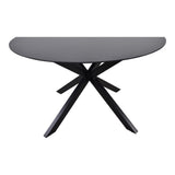 Ronde buitentafel met donkergrijs blad en zwarte kruispoten, frontaanzicht