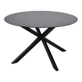 Ronde buitentafel met donkergrijs rond blad en zwarte poten, schuine hoek