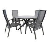 Eettafelset voor buiten: ronde tafel en vier stoelen met grijs mesh rug en armleuningen