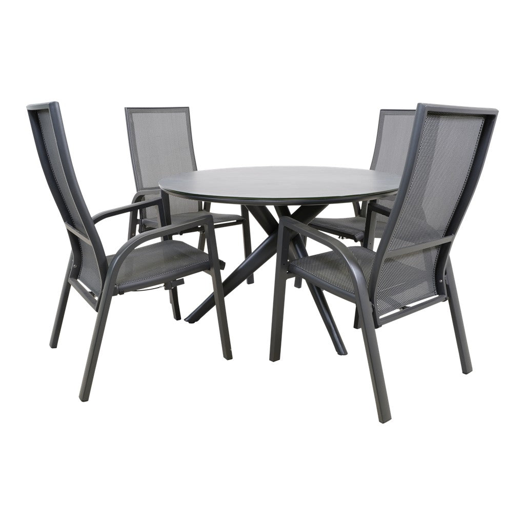 Eettafelset voor buiten: ronde tafel en vier stoelen met grijs mesh rug en armleuningen