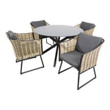 Ronde eettafel Ø120 cm met 4 beige vlechtstoelen en grijze kussens