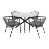 Ronde tuintafel Ø120 cm met zwart frame en licht blad, grijze kussens op draadstoelen