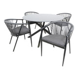 Ronde tuintafel met licht blad en zwarte poten, 2 voorstoelen met grijze kussens