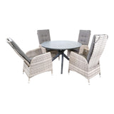 Ronde eettafel Ø120 cm met 4 licht beige vlechtstoelen en grijze kussens