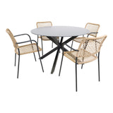 Ronde eettafel Ø120 cm met zwarte poot en 4 beige rieten stoelen