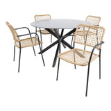 Ronde eettafel Ø120 cm met 4 beige rieten stoelen en zwarte metalen frame