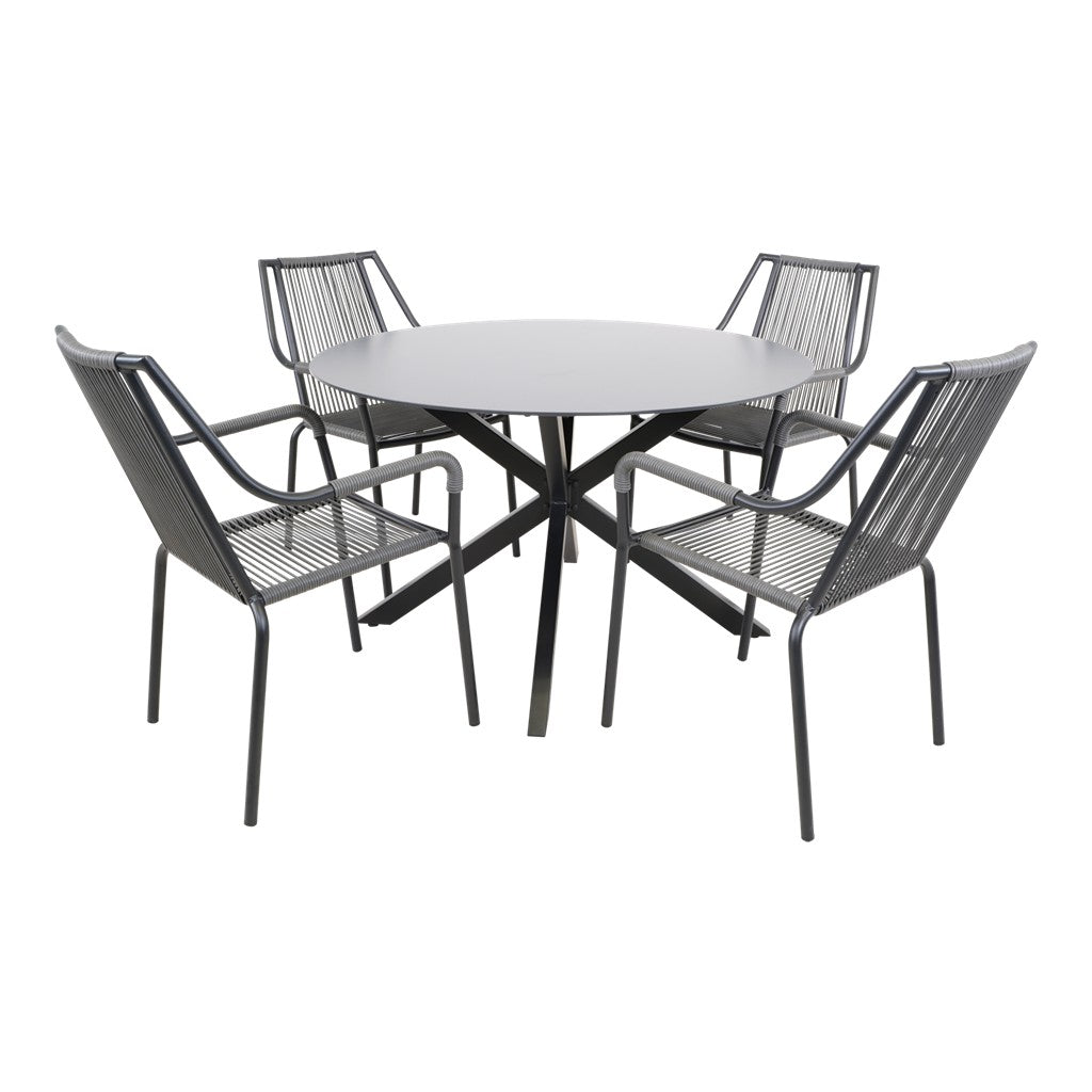 Ronde eettafel Ø120 cm met 4 grijze gevlochten stoelen en zwarte poot