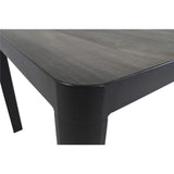 Hoekdetail zwarte eettafel: grijs houtnerf blad met afgeronde rand