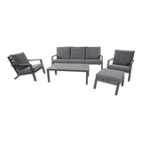 Loungeset met grijze zitbank en twee fauteuils, metalen frame
