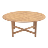 Ronde teakhouten tafel met visgraatblad en X-vormig onderstel
