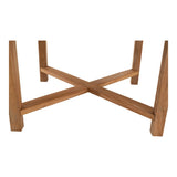 Ronde teakhouten tafel met kruisframe onder het blad