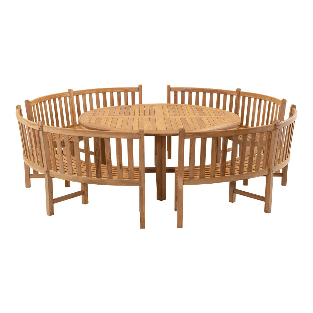 Ronde teakhouten tafel met lamelblad en ronde poten