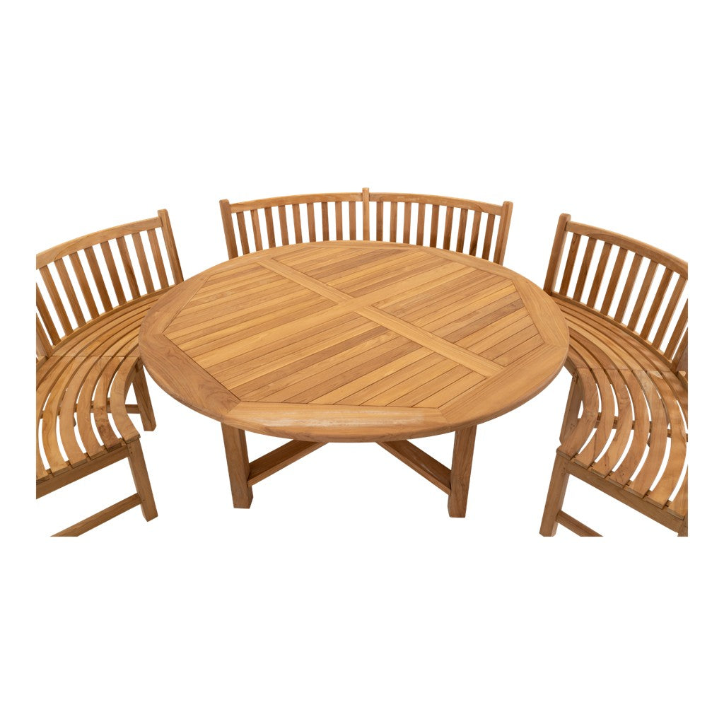 Teakhouten ronde tafel met visgraatblad en glad gepolijste afwerking