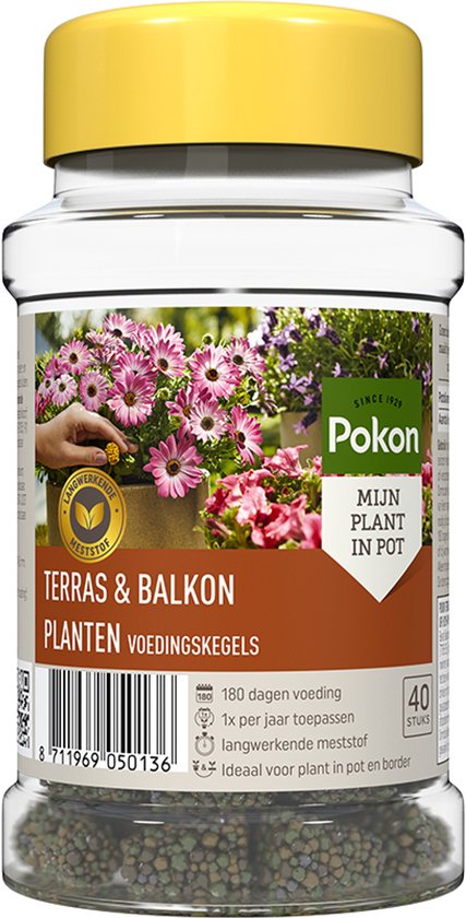Pokon terras- en balkonplanten voedingskegels, pot met gele dop en korrels