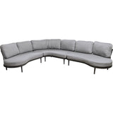 Grijze loungehoekbank met chaise, ronde zwarte poten en gestoffeerde kussens