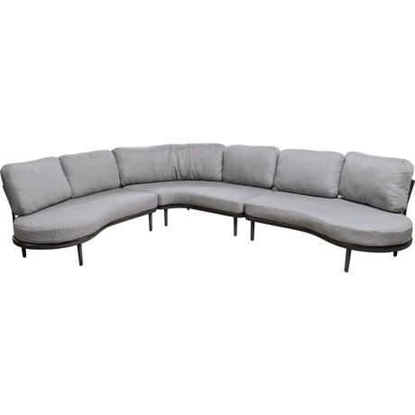 Grijze loungehoekbank met chaise, ronde zwarte poten en gestoffeerde kussens