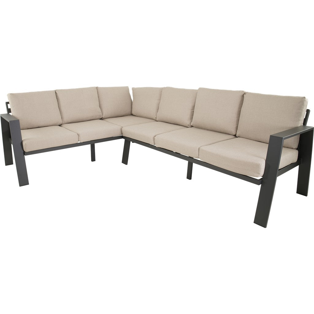 Loungehoekset met lichtbeige kussens en donkergrijs frame, L-vorm met hoekzit