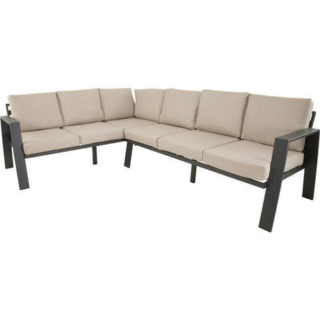 Loungehoekset met lichtbeige kussens en donkergrijs frame, L-vorm met hoekzit
