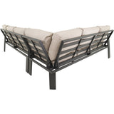 Loungehoekset met donkergrijs lattenframe en lichtbeige rug- en zittingkussens