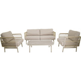 Tuinlounge set met twee fauteuils, bank en rechthoekige salontafel, beige kussens