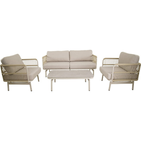 Tuinlounge set met twee fauteuils, bank en rechthoekige salontafel, beige kussens