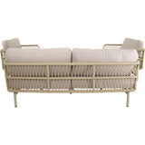 Bank met vlechtwerk armleuningen en lange rug- en zitelementen; beige bekleding