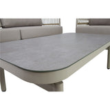 Salontafel met grijs tafelblad en lichtgekleurde rand; houtachtige poten