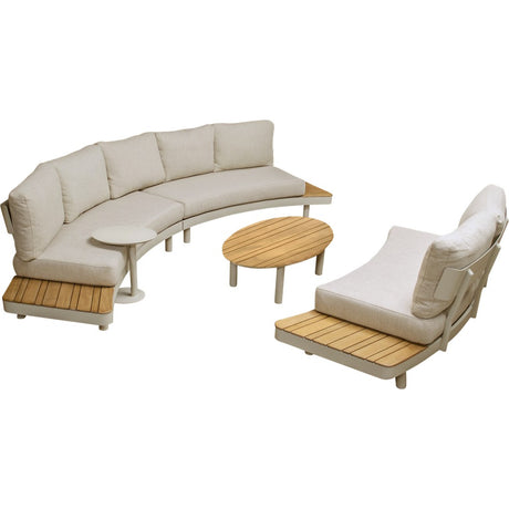 Loungebank met opzettafel, beige kussens en houten blad