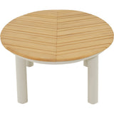Ronde houten tuintafel met witte poten en lamellenblad