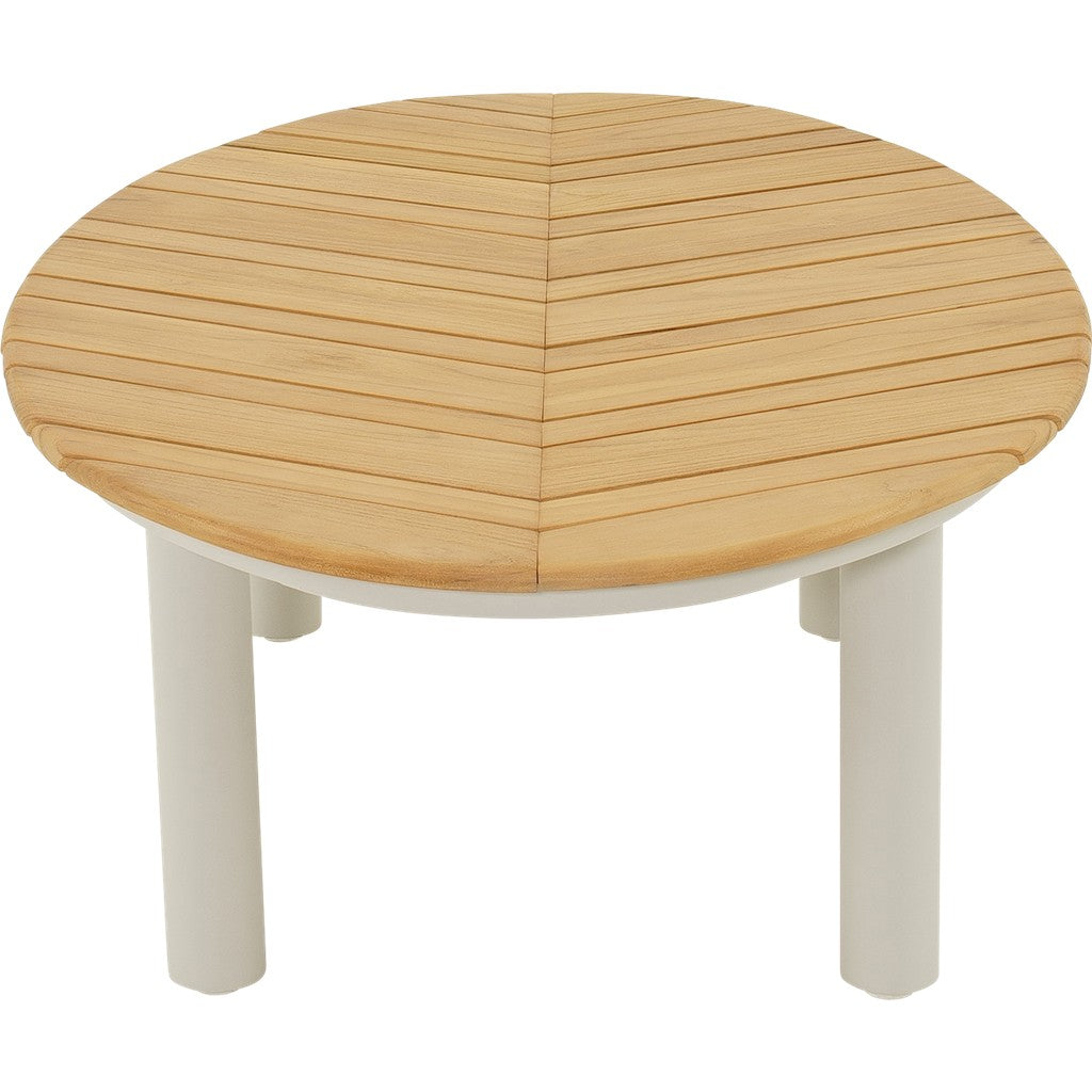 Ronde houten tuintafel met witte poten en lamellenblad
