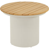 Ovale bijzettafel met houtnerf blad en brede witte onderkant.