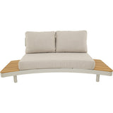 Loungebank met hoekopstelling en houten zijplanken, lichtbeige kussens